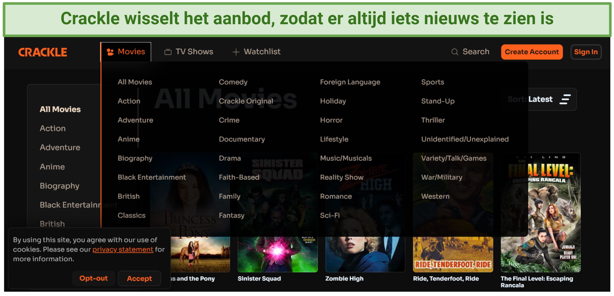 Screenshot of Crackle's interface showing all the content categories