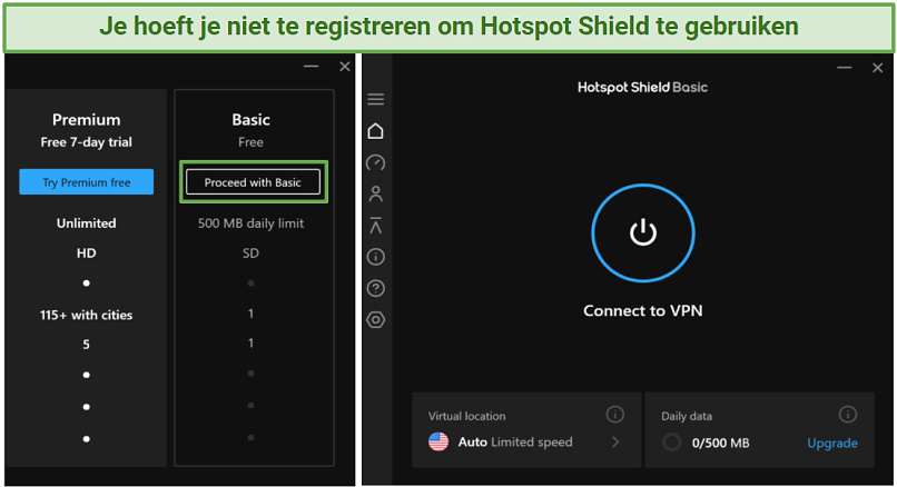 Screenshot of Hotspot Shield app screens where you choose a subscription plan and the app fully installed
