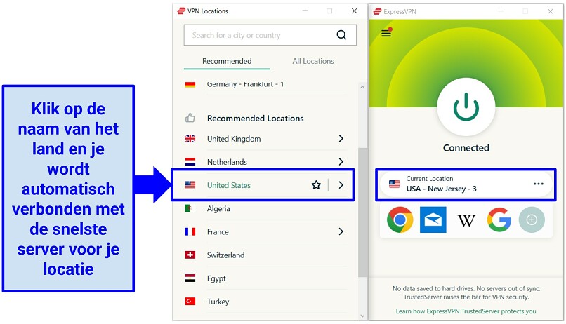 Screenshot of ExpressVPN's interface showing how to connect to the fastest server in a given country