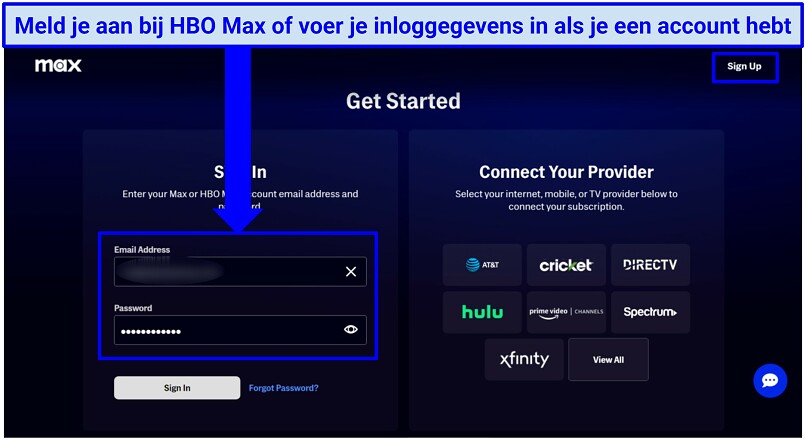 Screenshot of the HBO Max sign in page