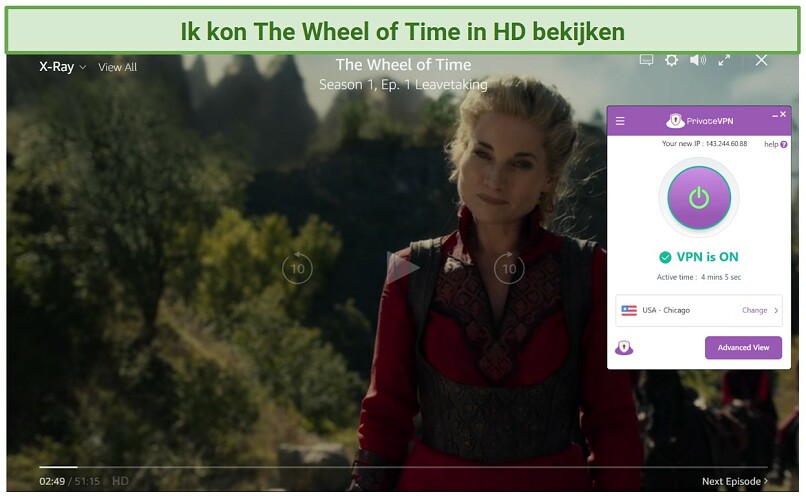 Screenshot of Amazon Prime Video player streaming The Wheel of Time while connected to PrivateVPN