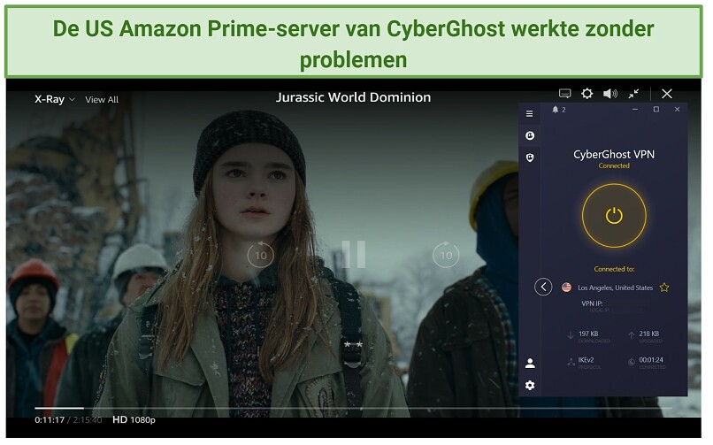 Screenshot of Jurassic World Dominion streaming on Prime Vide US with CyberGhost connected
