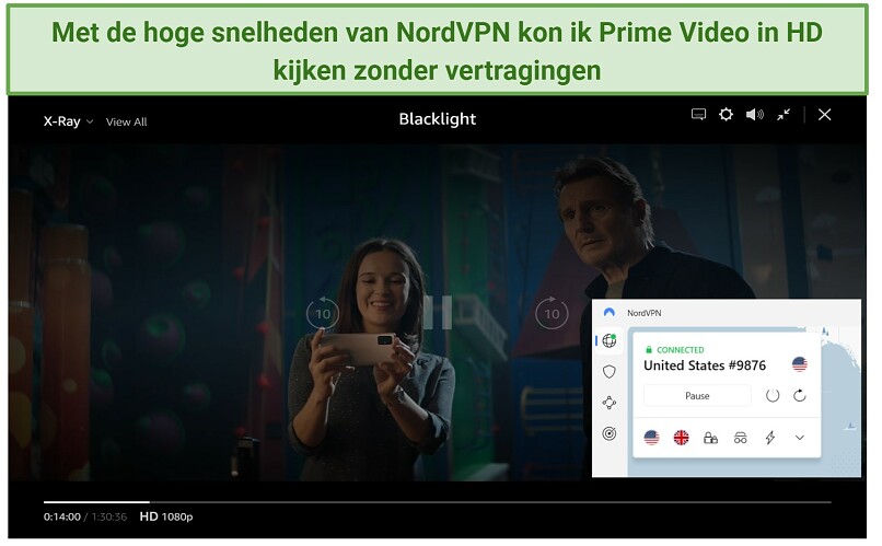 Screenshot showing Blacklight streaming on Prime Video with NordVPN connected
