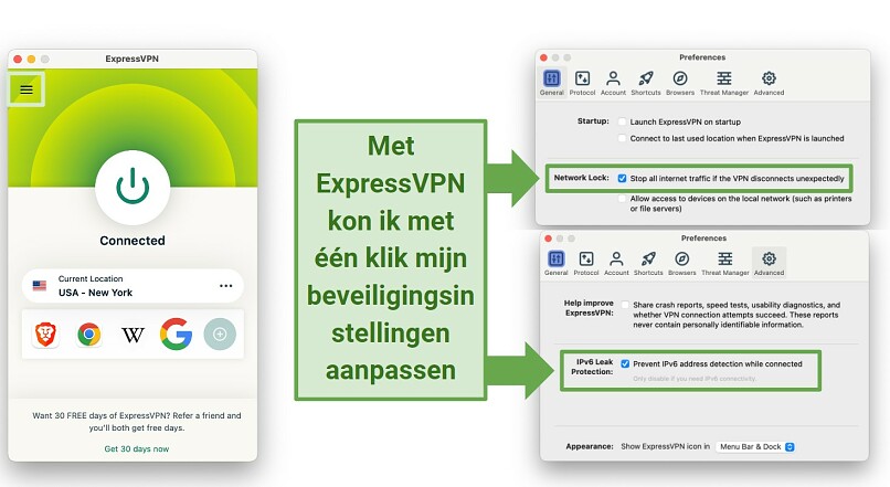 Screenshot showing the Preferences window of the ExpressVPN app with Network Lock and IPv6 Leak Protection enabled