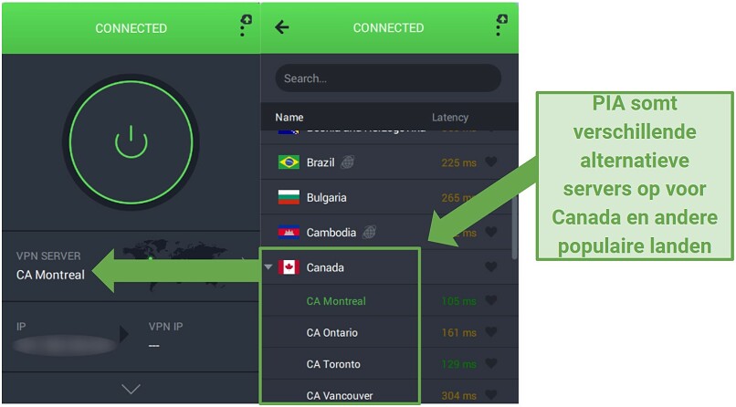 Private Internet Access' server list displaying 4 different Canadian location options.