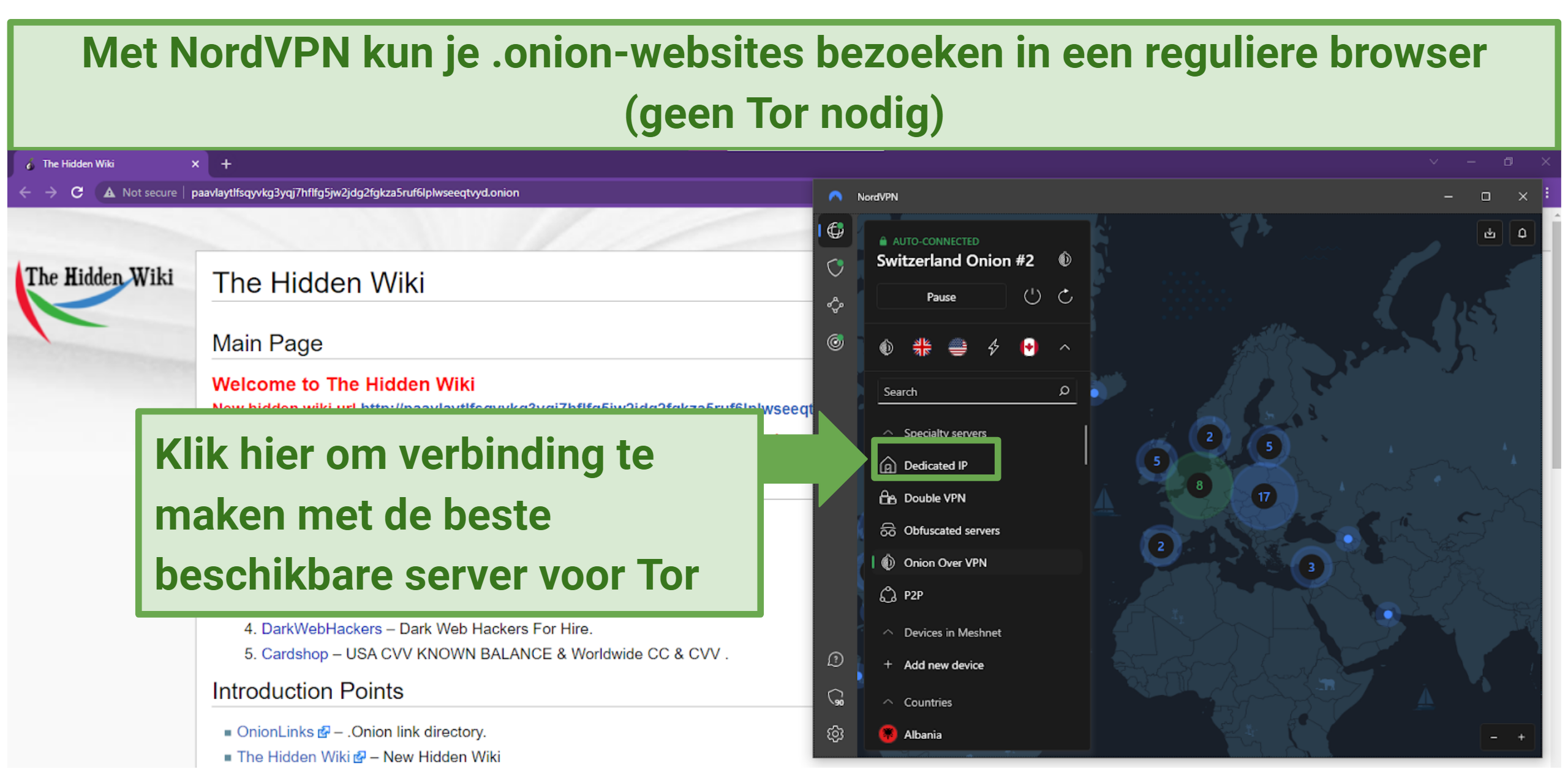 Screenshot toont een Chrome browservenster dat een dark webonion site bezoekt met NordVPN's Onion Over VPN server