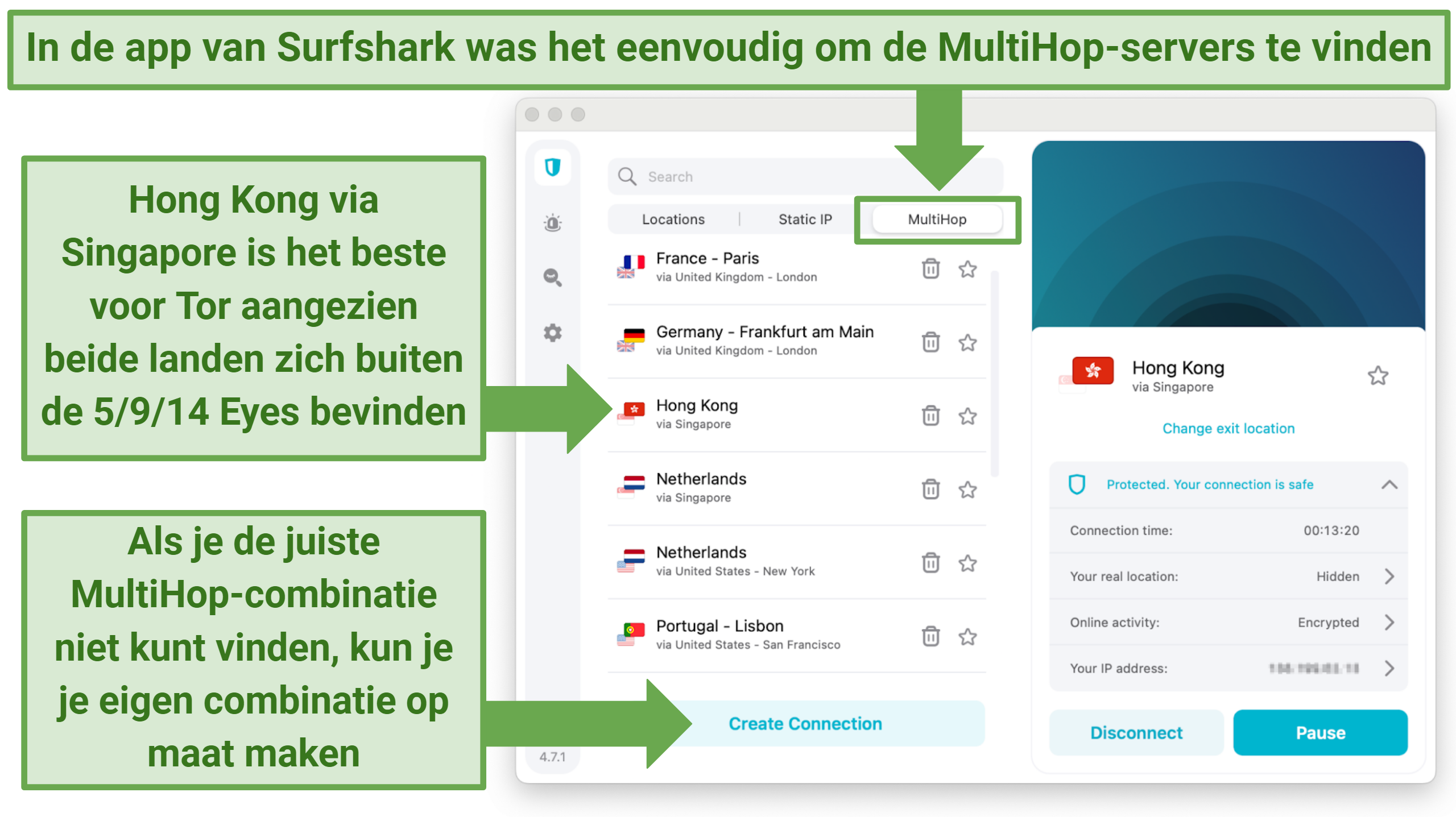 Afbeelding van de Surfshark-app met MultiHop double-VPN servers