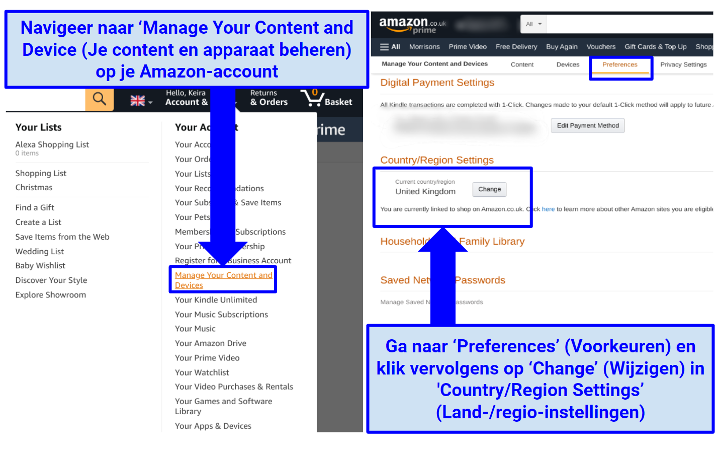 Screenshots of steps to change you Amazon Prime country through the settings on your account