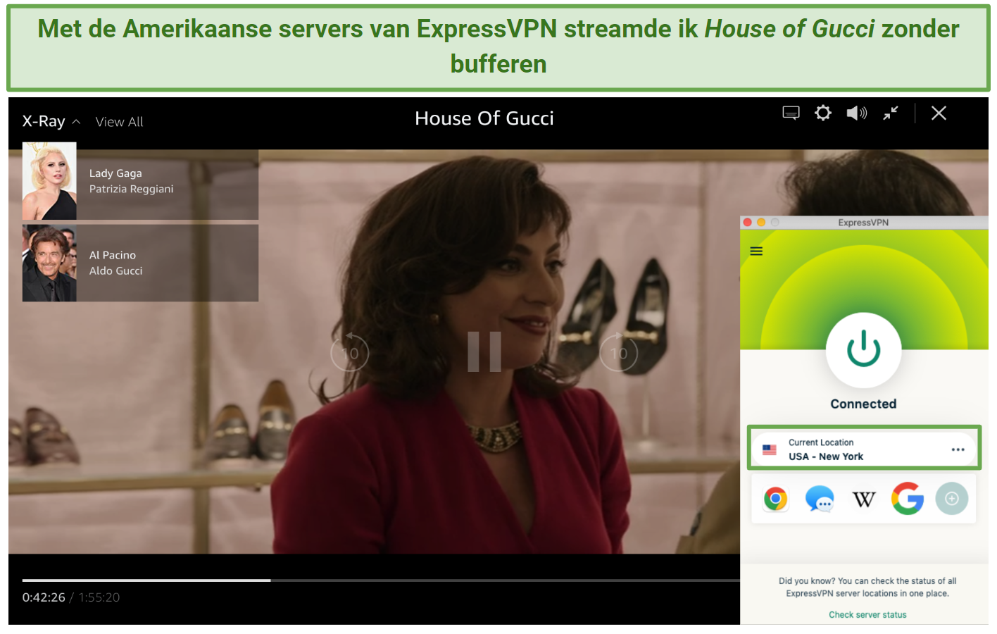 Screenshot of ExpressVPN US servers unblocking House of Gucci on Amazon Prime Video