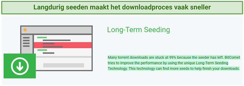 Een screenshot waarop te zien is dat BitComet gebruik maakt van long-term seeding technologie