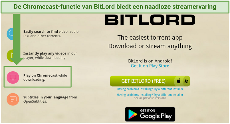 Een screenshot die de Play on Chromecast-functie van BitLord toont