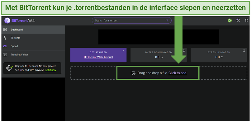 Een screenshot die toont dat de webversie van BitTorrent een ingebouwde slepen-en-neerzetten-functie heeft.