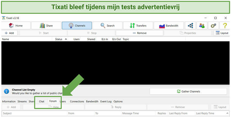 Een screenshot die laat zien dat Tixati een advertentievrije torrentervaring biedt