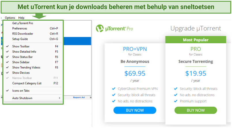 Een screenshot laat zien dat uTorrent verschillende toetsenbord sneltoetsen ondersteunt