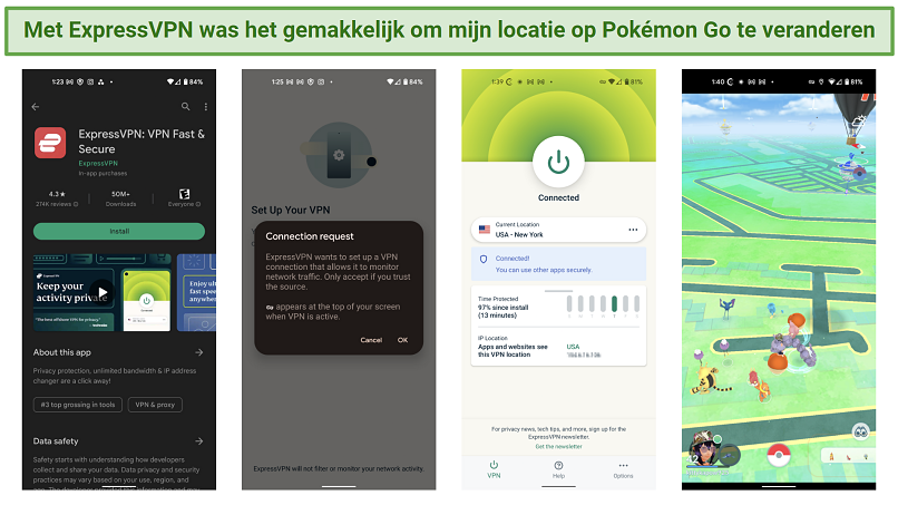4 screenshots of an Android phone, downloading ExpressVPN, connecting to a USA - New York server, and then playing Pokémon GO