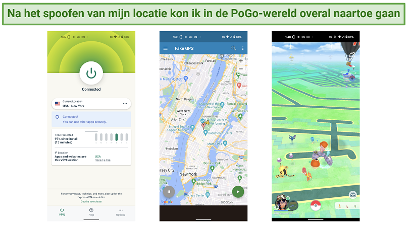 Screenshots of an Android phone using a GPS spoofing app and a VPN to change locations and play Pokémon GO in New York