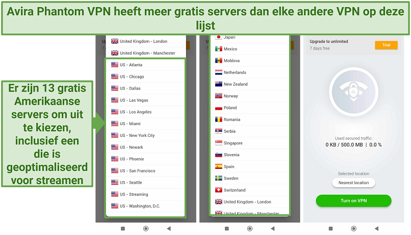 Screenshot van de gratis serveropties van Avira Phantom VPN