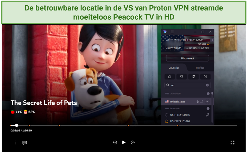 Screenshot van The Secret Life of Pets streaming op Peacock TV met Proton VPN verbonden aan een server in de Verenigde Staten