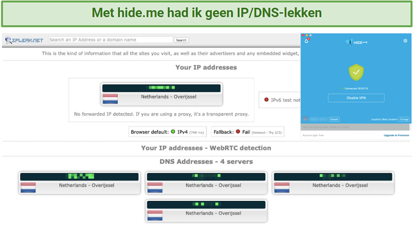 Screenshot of leak test with hideme