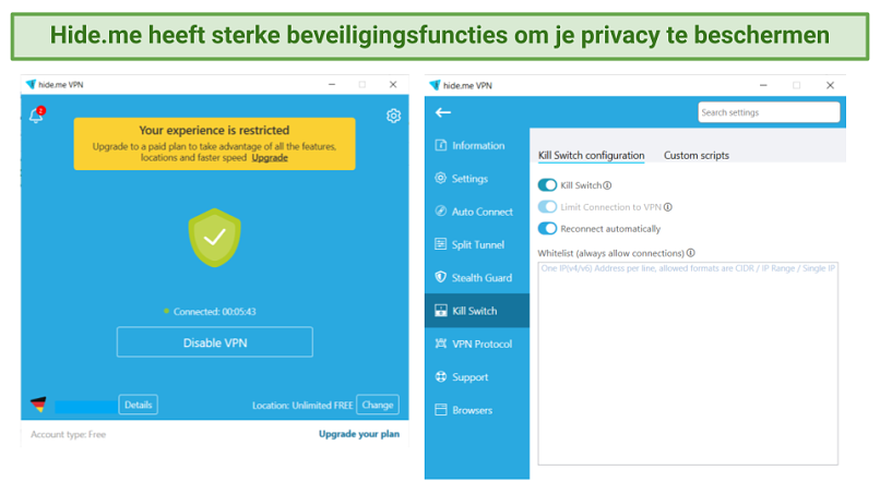 Screenshot showing Hide.me's security features