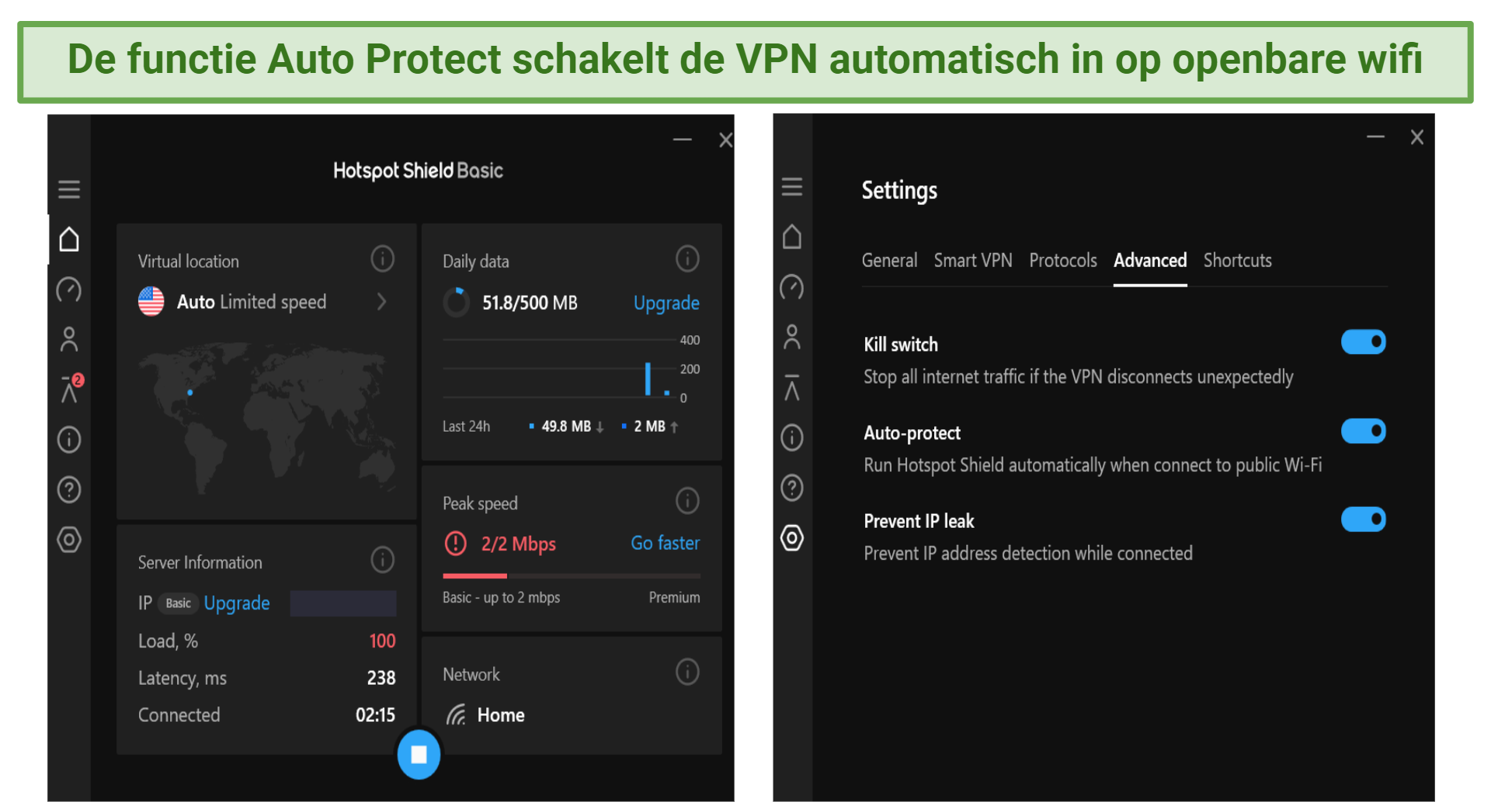 Screenshot showing the interface and features of Hotspot Shield's free version