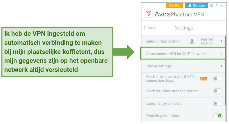 Screenshot of Avira Phantom VPN's app highlighting the auto-connect VPN for WiFi networks feature
