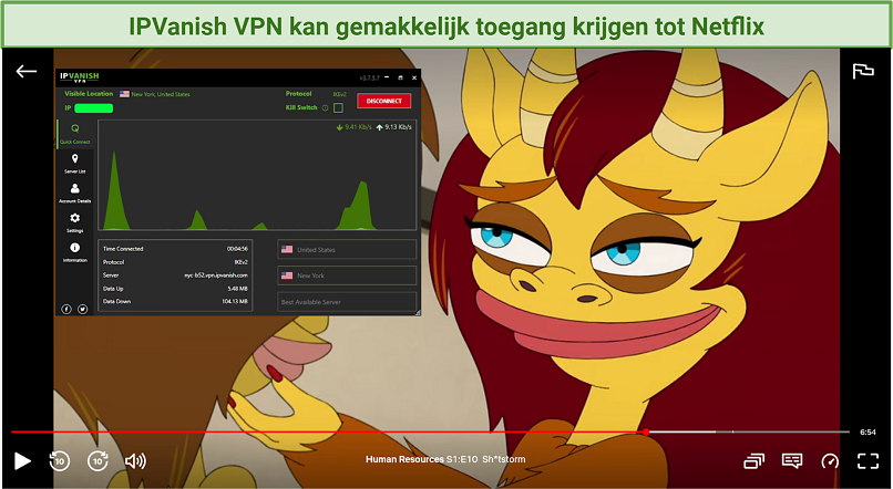 Screenshot van Netflix-speler die Human Resources streamt, gedeblokkeerd met IPVanish VPN