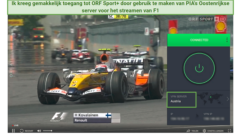 A screenshot of streaming F1 races on ORF Sport + using PIA's Austrian server