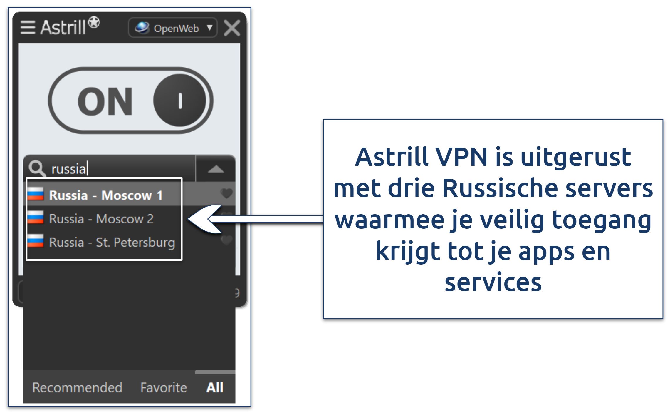 Screenshot of Astrill VPN's Russian servers