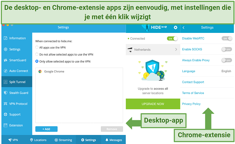 A screenshot showing the similarities between hideme's desktop app and Chrome extension