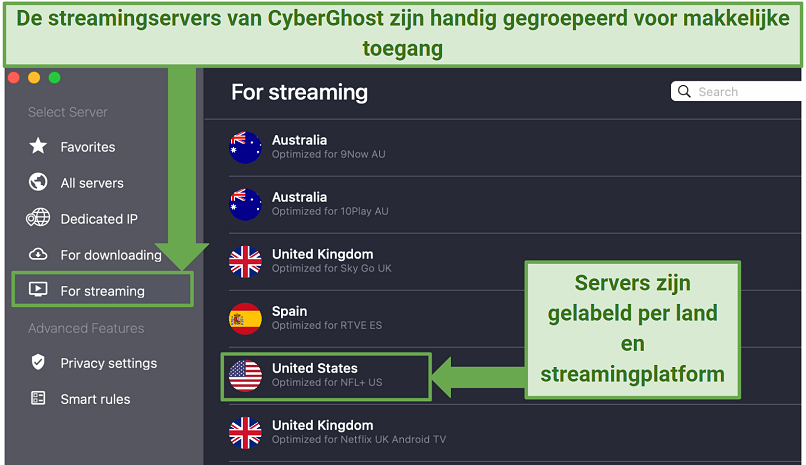 Screenshot showing CyberGhost's streaming-optimized servers