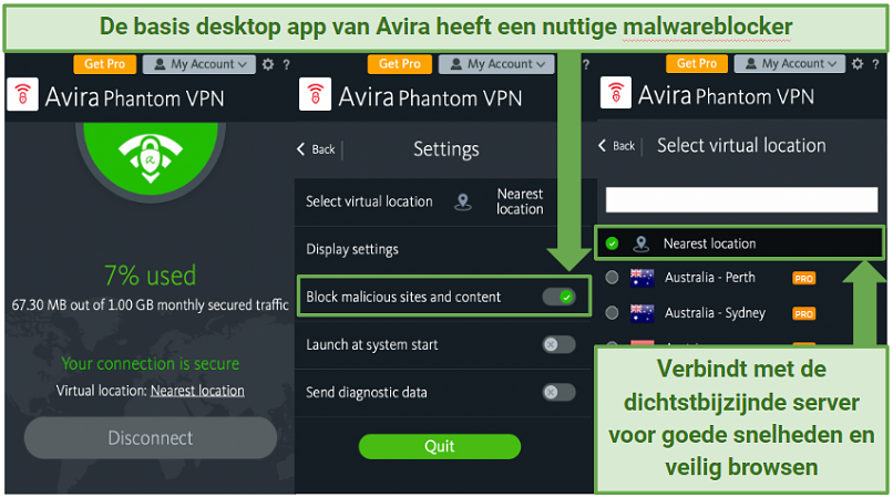 Screenshot of the Avira Phantom home screen, Settings menu, and server list