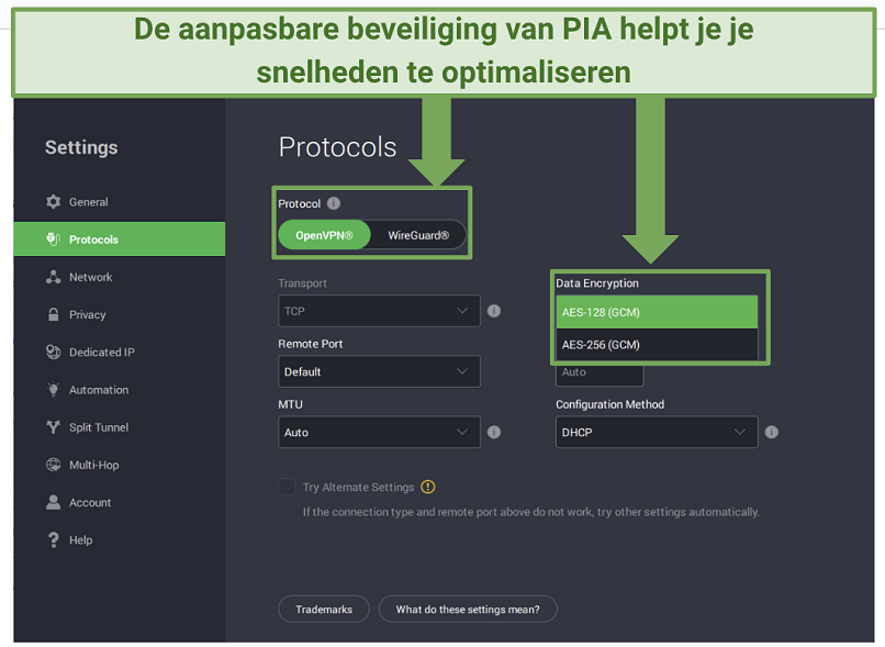 A screenshot showing PIA's customizable security settings on its Windows app