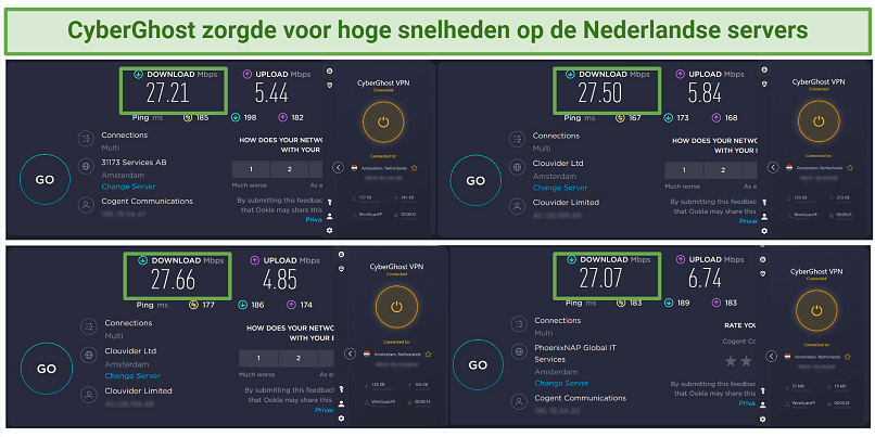 A screenshot showing CyberGhost delivers consistent speeds on the Netherlands servers
