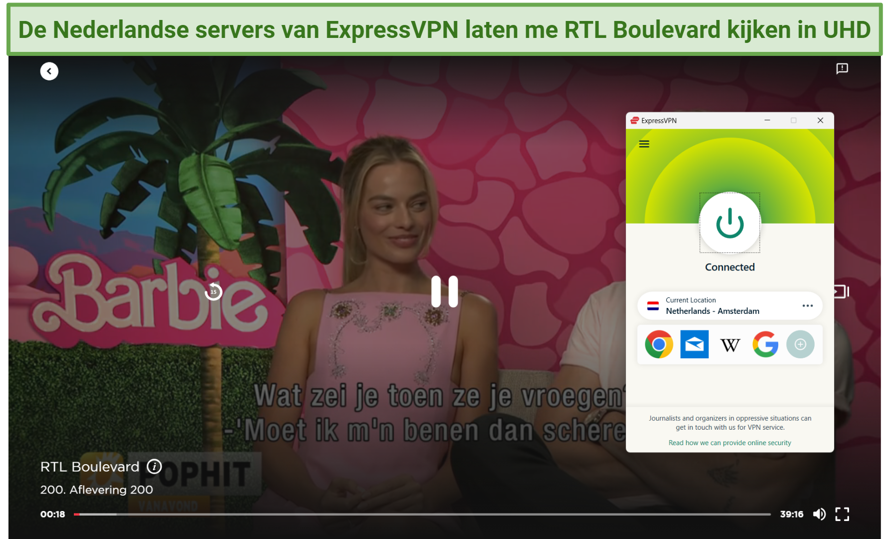 A screenshot of RTL Boulevard on Videoland streaming in UHD via an ExpressVPN server in Amsterdam