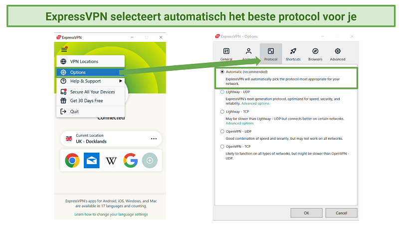 Screenshot showing ExpressVPN's protocol selection menu on Windows