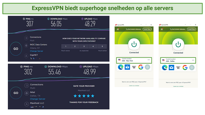screenshot showing speed test results with ExpressVPN connected