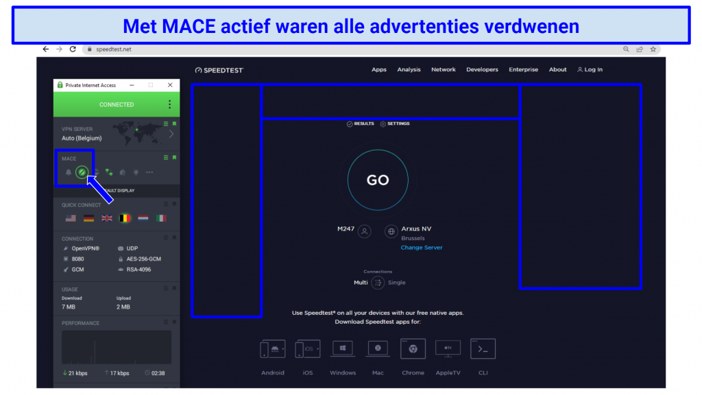 Screenshot showing banner ads gone once Private Internet Access VPN is connected with MACE feature enabled