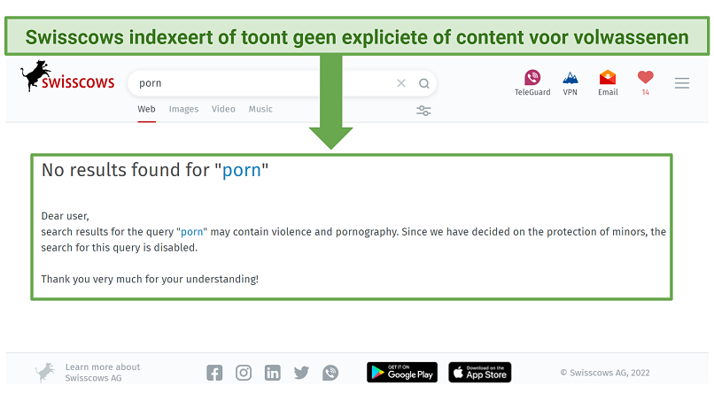 A screenshot showing Swisscows doesn't index or displays explicit content