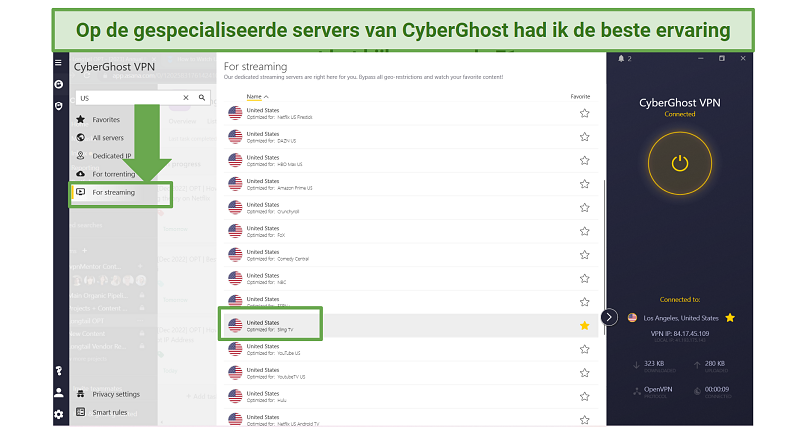 Screenshot of CyberGhost streaming-optimized servers in the US to access F1