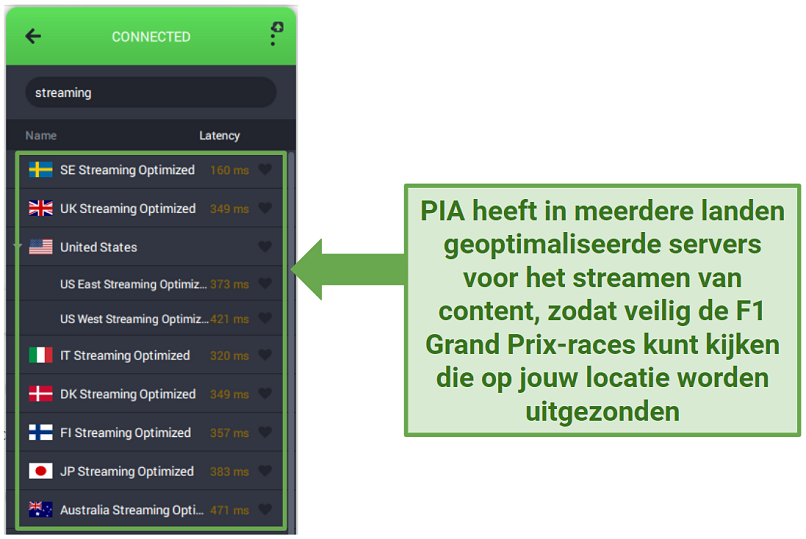 Screenshot of the PIA interface showing its streaming-optimized servers
