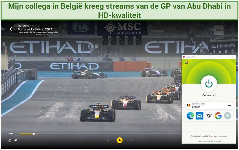 Screenshot of the F1 Abu Dhabi GP playing on RTBF Auvio with ExpressVPN connected to the Belgium server
