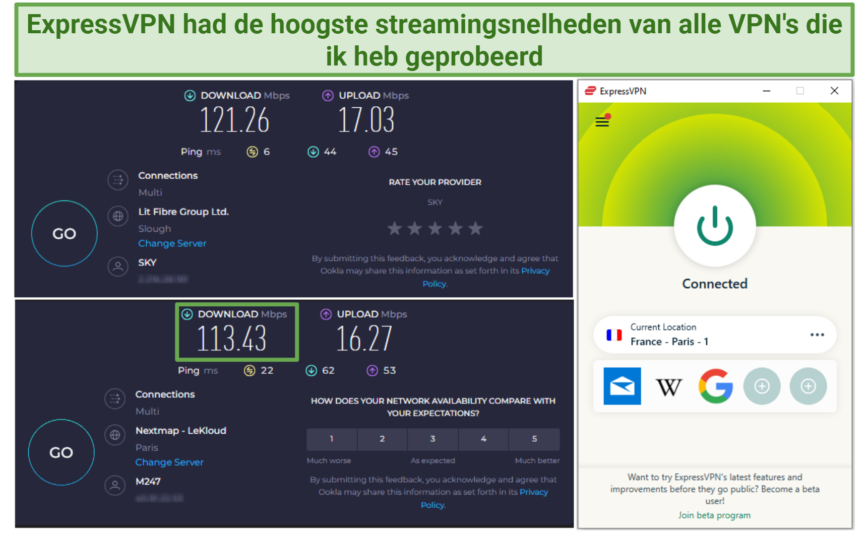 Screenshot showing ExpressVPN's speed test results while connected to the Paris server