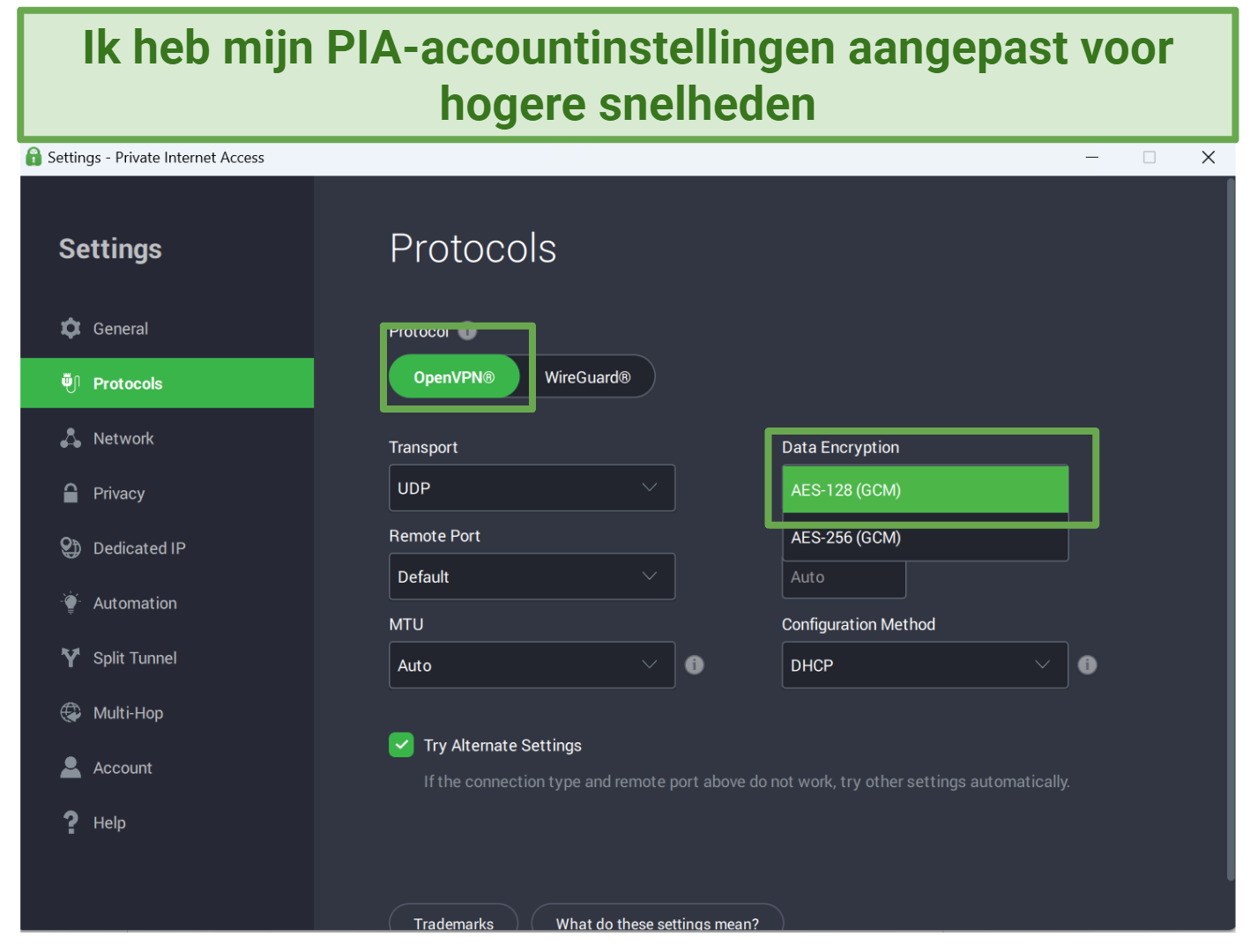 A screenshot showing PIAs customizable security protocols