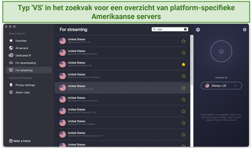 Screenshot showing the US streaming servers on the CyberGhost app