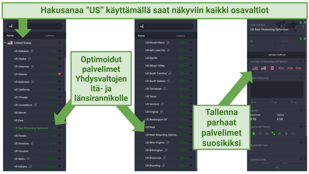 Screenshots of PIA's PC app displaying its US servers