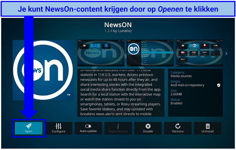 Screenshot of NewsOn addon in Kodi