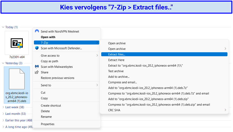 A screenshot showing the process of extracting files from the Kodi DEB file using 7-Zip