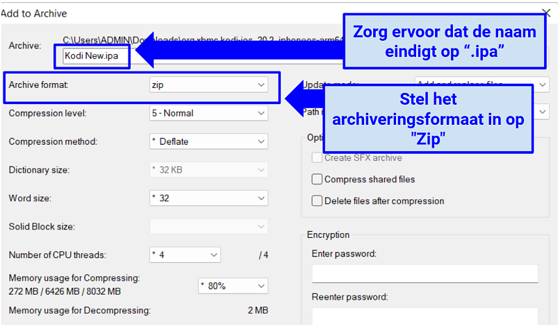 A screenshot showing how to designate a filename for the IPA in 7-Zip and the archive format to select before transitioning from a Kodi DEB file to an IPA file