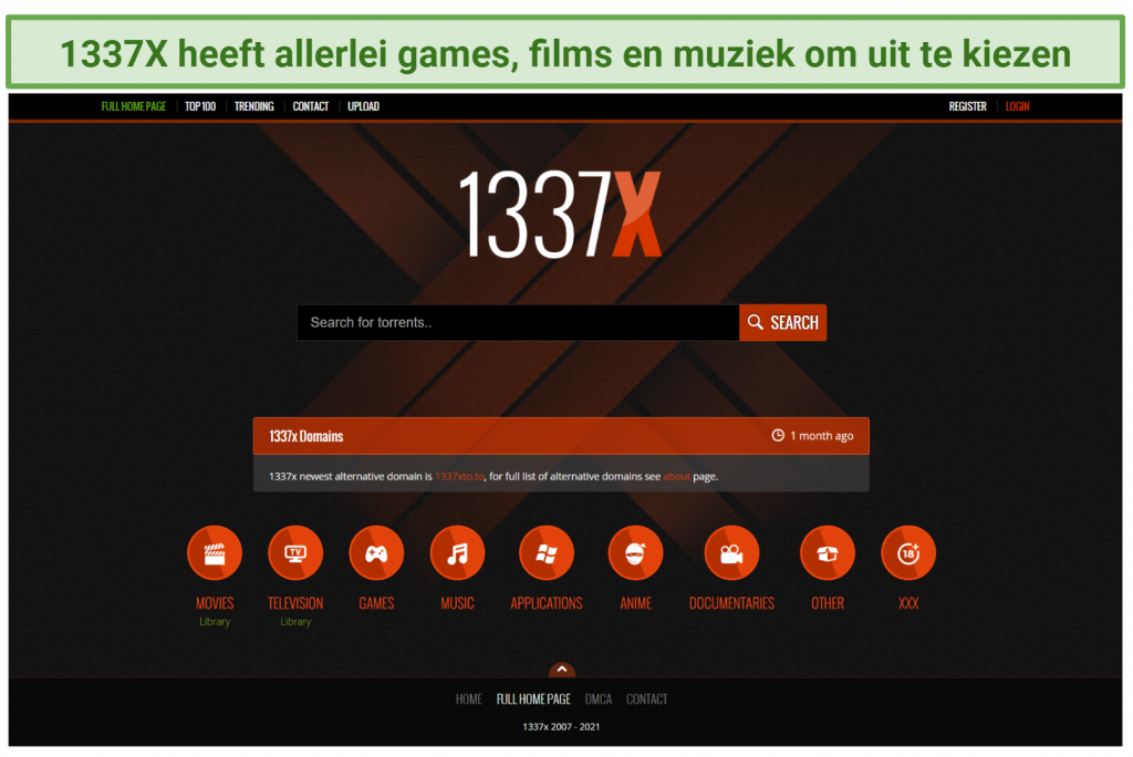 Screenshot of 1337X's webpage